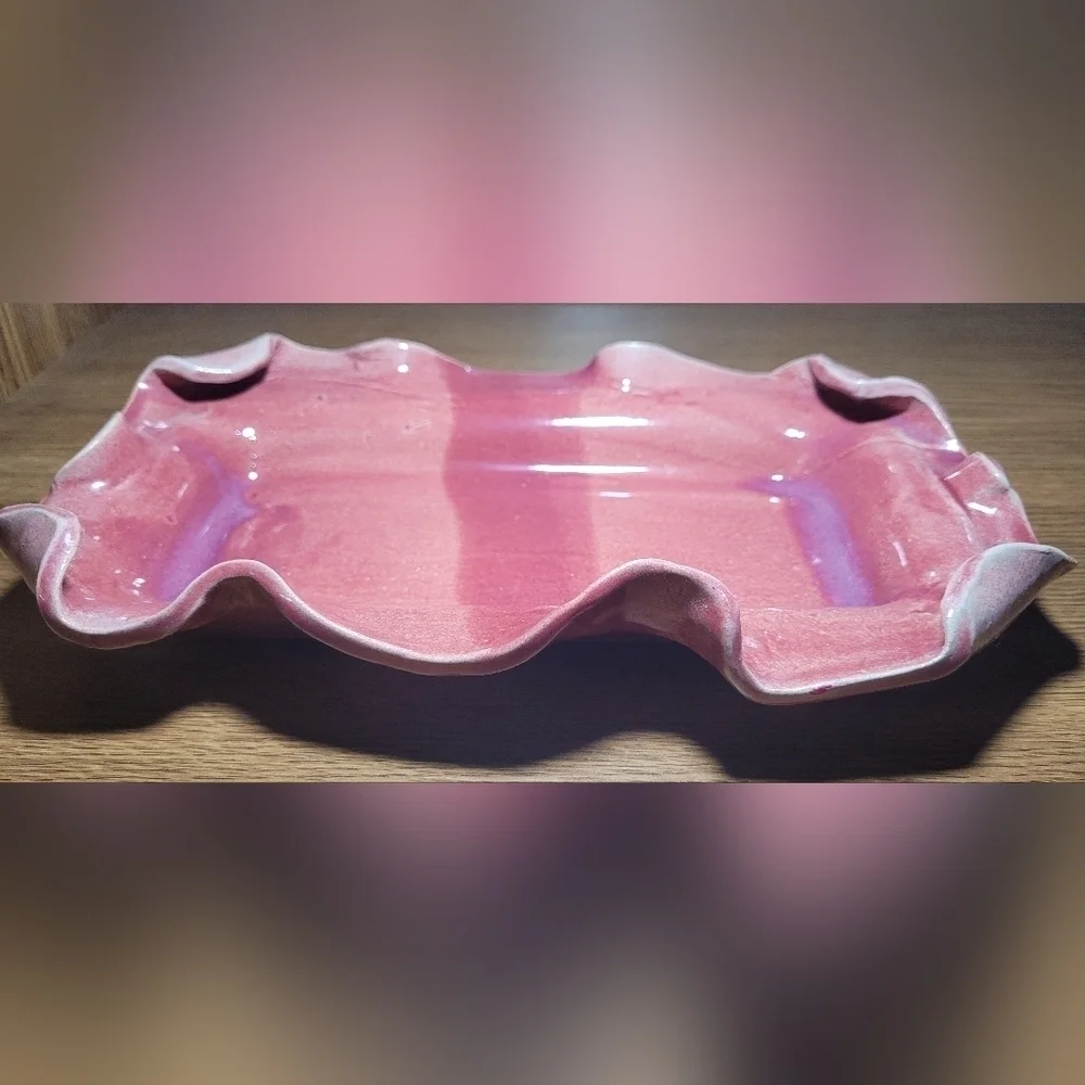Handmade Pottery Wavy Ruffle Edge Tray In Shades Of Pink ~Serving, Vanity, Plant